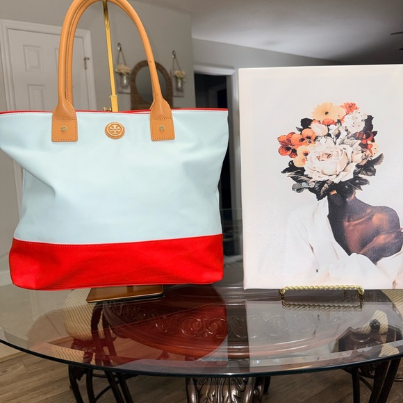 Tory Burch Handbags - Tory Burch light blue and red Tote Bag